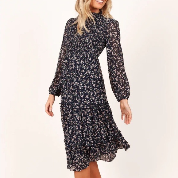 Petal & Pup EDWINA SHIRRED FRILL LONG SLEEVE MIDI DRESS - NAVY FLORAL - Picture 1 of 11